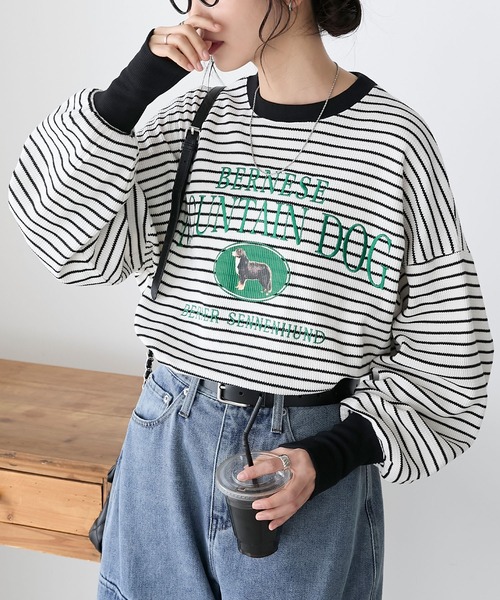 BONLECILL(ボンルシール)の「DOGカレッジプリントワッフルプルオーバー(Tシャツ/カットソー・レディース・オートミール/ホワイト×ブラック/アイボリー/チャコールグレー・FREE)」の3枚目の写真