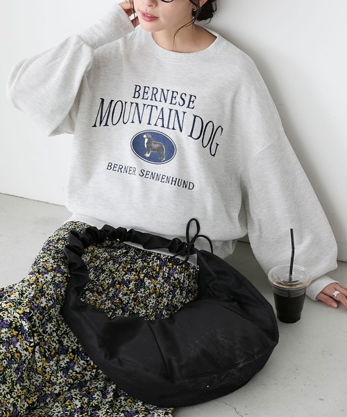 BONLECILL(ボンルシール)の「DOGカレッジプリントワッフルプルオーバー(Tシャツ/カットソー・レディース・オートミール/ホワイト×ブラック/アイボリー/チャコールグレー・FREE)」の1枚目の写真