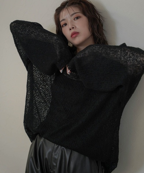 mimi toujours（ミミトゥジュール）の「モヘアタッチ シアー ニット プルオーバー mimi toujours×itsPeachi（ニット/セーター・レディース・カーキ/レッド/ブラック・フリー）」の2枚目の写真