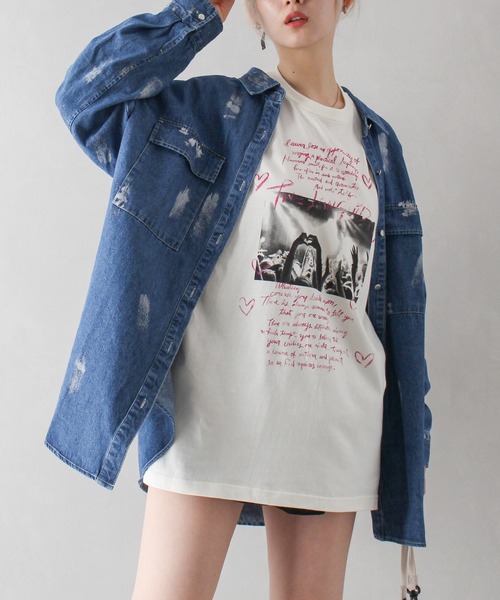 SpRay(スプレイ)の「ハート転写 Tシャツ(Tシャツ/カットソー・レディース・ホワイト/アイボリー/チャコールグレー・FREE)」の1枚目の写真