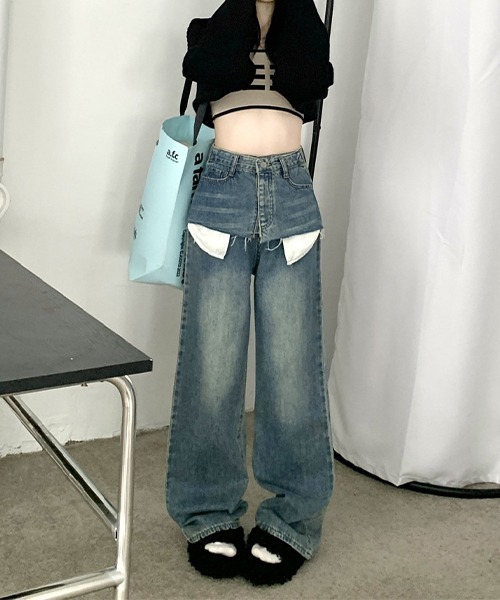 c.u.l（シーユーエル）の「レイヤード風デニムパンツ culw678（デニムパンツ・レディース・ブルー・L/M/XL）」の7枚目の写真