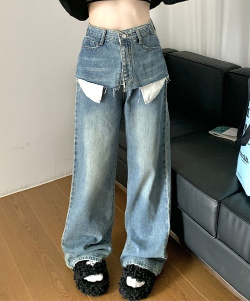 c.u.l（シーユーエル）の「レイヤード風デニムパンツ culw678（デニムパンツ・レディース・ブルー・L/M/XL）」の8枚目の写真