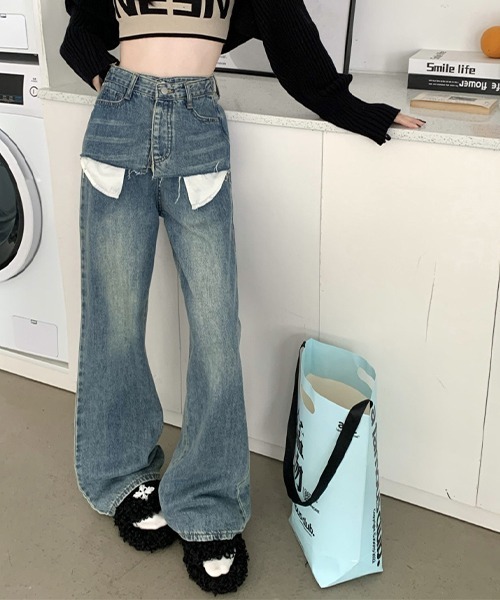 c.u.l（シーユーエル）の「レイヤード風デニムパンツ culw678（デニムパンツ・レディース・ブルー・L/M/XL）」の11枚目の写真