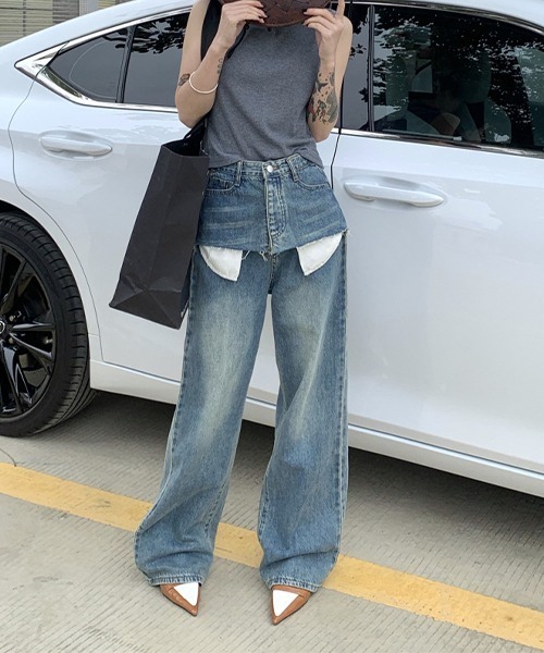 c.u.l（シーユーエル）の「レイヤード風デニムパンツ culw678（デニムパンツ・レディース・ブルー・L/M/XL）」の4枚目の写真