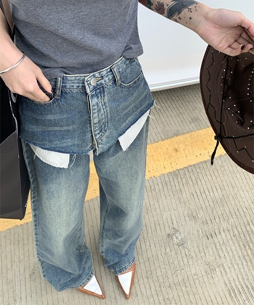 c.u.l（シーユーエル）の「レイヤード風デニムパンツ culw678（デニムパンツ・レディース・ブルー・L/M/XL）」の5枚目の写真