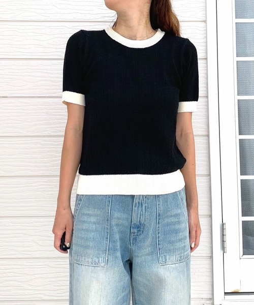 Q(キュー)の「バイカラーケーブル半袖ニット(ニット/セーター・レディース・アイボリー/ブラック・MEDIUM)」の3枚目の写真