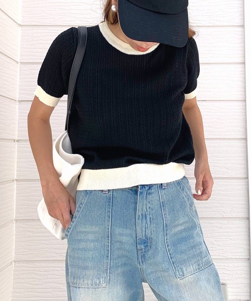 Q(キュー)の「バイカラーケーブル半袖ニット(ニット/セーター・レディース・アイボリー/ブラック・MEDIUM)」の9枚目の写真