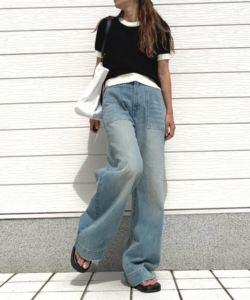 Q(キュー)の「バイカラーケーブル半袖ニット(ニット/セーター・レディース・アイボリー/ブラック・MEDIUM)」の12枚目の写真