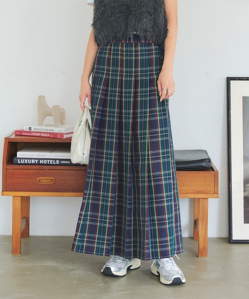ダックス 美品 チェック柄プリーツスカート ミモレ丈 紺緑赤 チェック柄タックプリーツスカート（スカート）｜KOBE LETTUCE