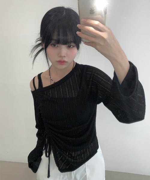 BeerBro テンセルtシャツ ワンショルダー y2k ギャル 人気 セール】ワンオフショルダーギャザーリボン長袖Tシャツ（T