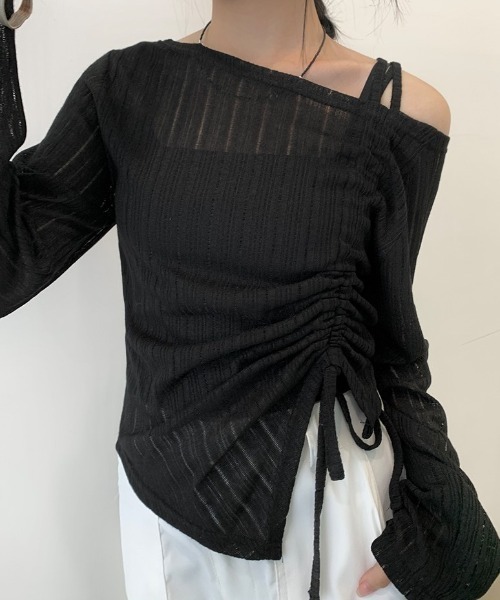 セール】ワンオフショルダーギャザーリボン長袖Tシャツ（T