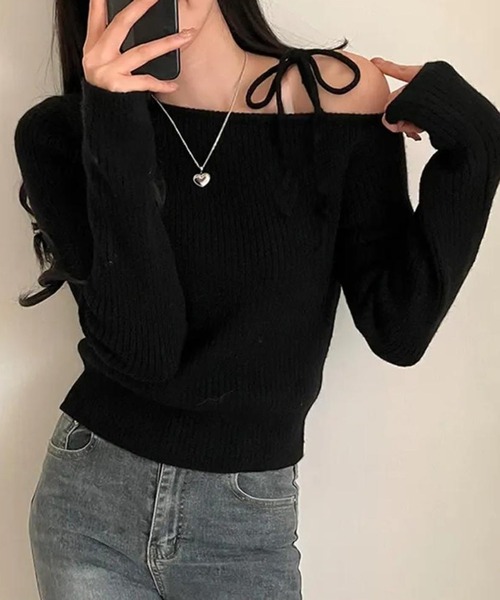 Nia（ニア）の「Nia(ニア)/ワンショルダー　リボンニット（ニット/セーター・レディース・ブラック/アイボリー/レッド・FREE）」の13枚目の写真