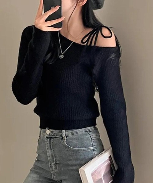 Nia（ニア）の「Nia(ニア)/ワンショルダー　リボンニット（ニット/セーター・レディース・ブラック/アイボリー/レッド・FREE）」の14枚目の写真