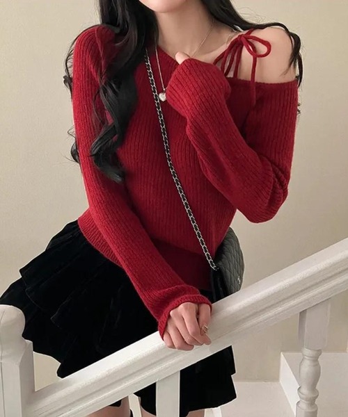 Nia（ニア）の「Nia(ニア)/ワンショルダー　リボンニット（ニット/セーター・レディース・ブラック/アイボリー/レッド・FREE）」の19枚目の写真