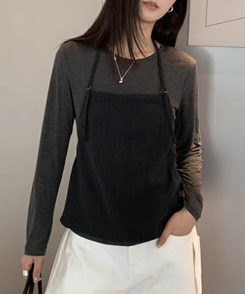LYEON(リヨン)の「ロングショルダーホルターキャミ&シアーロンTセット(Tシャツ/カットソー・レディース・グレー/ベージュ・FREE)」の6枚目の写真