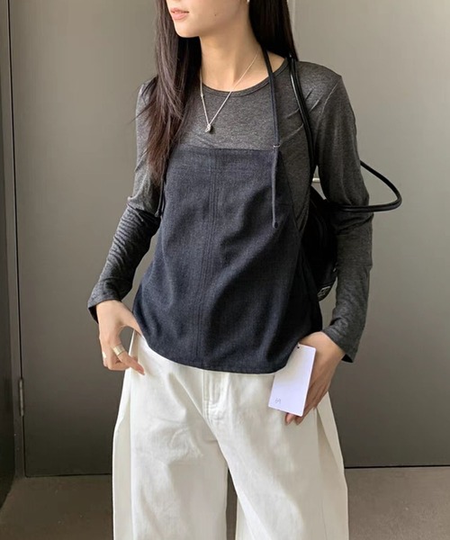 LYEON(リヨン)の「ロングショルダーホルターキャミ&シアーロンTセット(Tシャツ/カットソー・レディース・グレー/ベージュ・FREE)」の9枚目の写真