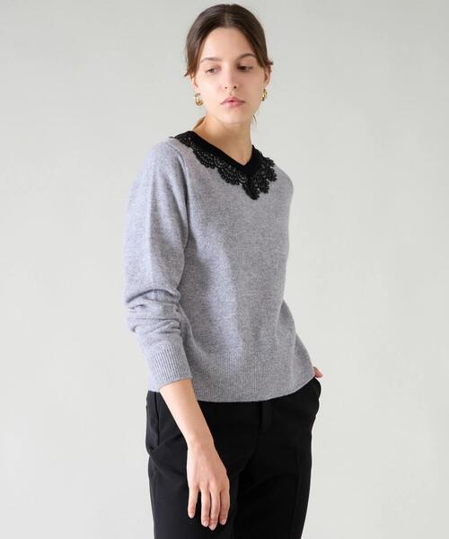 Tiara（ティアラ）の「バイカラーVネックレースニット（ニット/セーター・レディース・ブラック/アイボリー/トップグレー・FREE）」の3枚目の写真