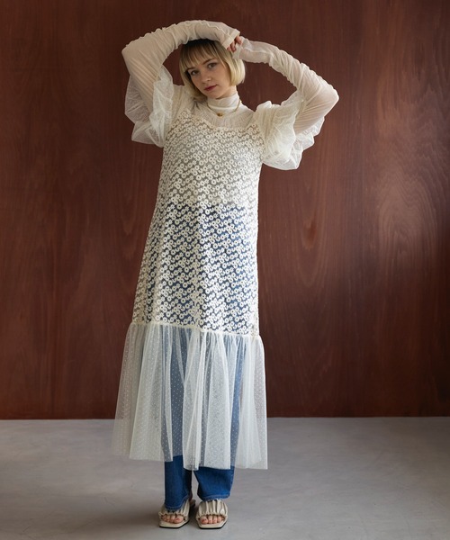 MAISON BREEZE reveur(メゾンブリーズレヴール)の「【MAISON BREEZE reveur】Flower embroidery dot tulle switching dress one-piece 結婚式 パーティー オケージョン 二次会 成人式 同窓会 謝恩会 入学式 卒業式(ワンピース・レディース・アイボリー/ブラック・FREE)」の14枚目の写真