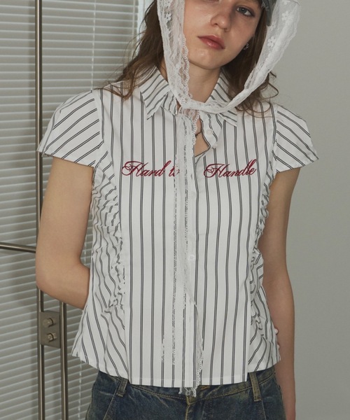 ブラウス シャツ 刺繍入りピンストライプ半袖シャツ レディース SHAGGIE ブラウス シャツ 刺繍入りピンストライプ半袖シャツ