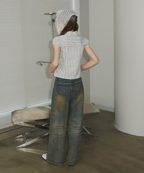 SHAGGIE（シャギー）の「刺繍入りピンストライプ半袖シャツ（シャツ/ブラウス・レディース・ホワイト/ブラック・FREE）」の13枚目の写真