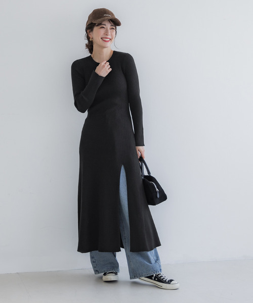 【お値下げ】チャコット黒ワンピース スリットニットワンピース（ドレス）｜coca（coca）（コカ）の