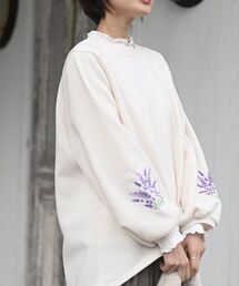 刺繍スリーブ裏起毛プルオーバー