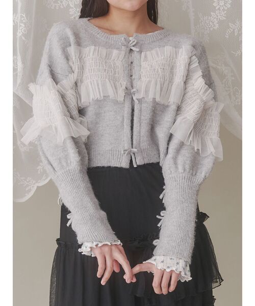 merry jenny（メリージェニー）の「シャーリングチュールニットカーディガン（カーディガン/ボレロ・レディース・ピンク/グレー/アイボリー・FREE）」の3枚目の写真