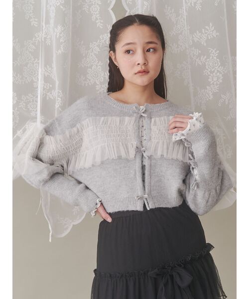 merry jenny（メリージェニー）の「シャーリングチュールニットカーディガン（カーディガン/ボレロ・レディース・ピンク/グレー/アイボリー・FREE）」の15枚目の写真