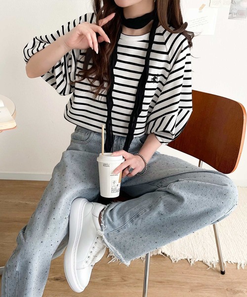classicalelf(クラシカルエルフ)の「大人の上品シンプル。ワンポイント刺繍ランタンスリーブボーダートップス(Tシャツ/カットソー・レディース・ブラック系その他/ホワイト×ブラック・LARGE/MEDIUM/SMALL/X-LARGE)」の21枚目の写真