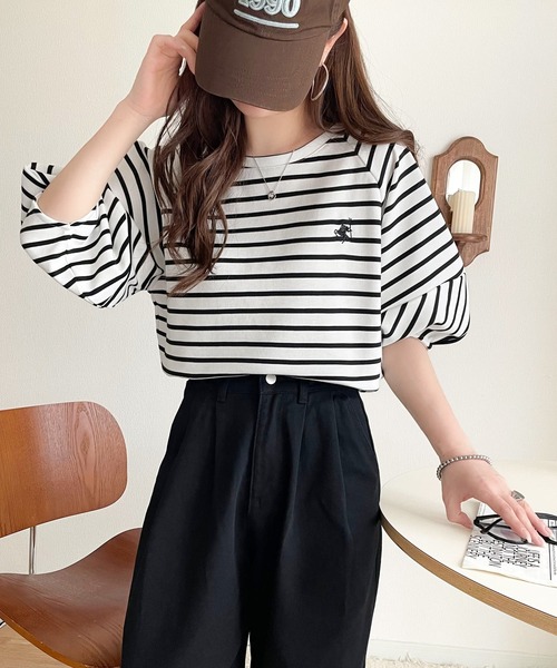 classicalelf(クラシカルエルフ)の「大人の上品シンプル。ワンポイント刺繍ランタンスリーブボーダートップス(Tシャツ/カットソー・レディース・ブラック系その他/ホワイト×ブラック・LARGE/MEDIUM/SMALL/X-LARGE)」の18枚目の写真
