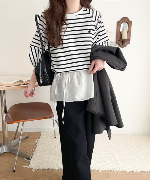 classicalelf(クラシカルエルフ)の「大人の上品シンプル。ワンポイント刺繍ランタンスリーブボーダートップス(Tシャツ/カットソー・レディース・ブラック系その他/ホワイト×ブラック・LARGE/MEDIUM/SMALL/X-LARGE)」の17枚目の写真
