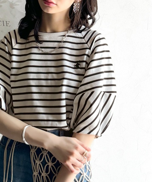 classicalelf(クラシカルエルフ)の「大人の上品シンプル。ワンポイント刺繍ランタンスリーブボーダートップス(Tシャツ/カットソー・レディース・ブラック系その他/ホワイト×ブラック・LARGE/MEDIUM/SMALL/X-LARGE)」の11枚目の写真