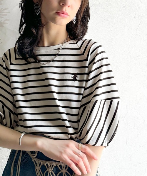 classicalelf(クラシカルエルフ)の「大人の上品シンプル。ワンポイント刺繍ランタンスリーブボーダートップス(Tシャツ/カットソー・レディース・ブラック系その他/ホワイト×ブラック・LARGE/MEDIUM/SMALL/X-LARGE)」の14枚目の写真