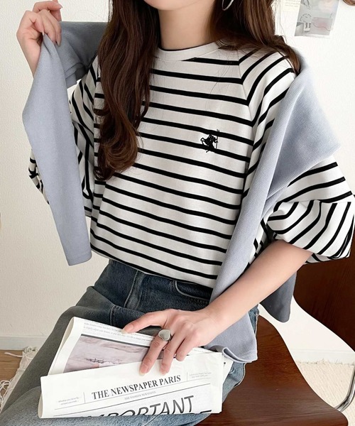 classicalelf(クラシカルエルフ)の「大人の上品シンプル。ワンポイント刺繍ランタンスリーブボーダートップス(Tシャツ/カットソー・レディース・ブラック系その他/ホワイト×ブラック・LARGE/MEDIUM/SMALL/X-LARGE)」の16枚目の写真