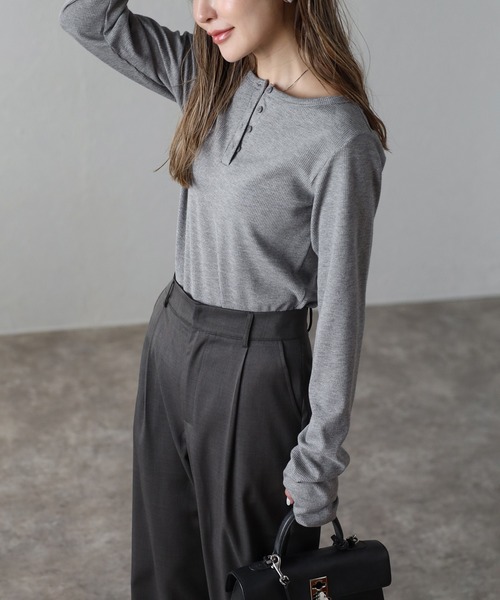 セール】前後2WAYラメリブヘンリーネックプルオーバー（Tシャツ