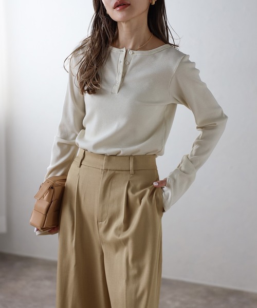 セール】前後2WAYラメリブヘンリーネックプルオーバー（Tシャツ