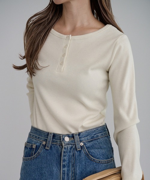 【セール】前後2WAYラメリブヘンリーネックプルオーバー(Tシャツ/カットソー)|Bonjour Sagan(ボンジュールサガン)