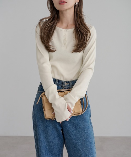 トップス Bonjour セール】前後2WAYラメリブヘンリーネックプルオーバー（Tシャツ