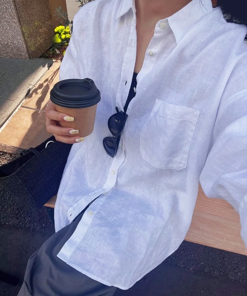 BABYLONE（バビロン）の「リネンシャツ（シャツ/ブラウス・レディース・ダークブルー/ストライプ/ピンク/ホワイト・フリー）」の5枚目の写真