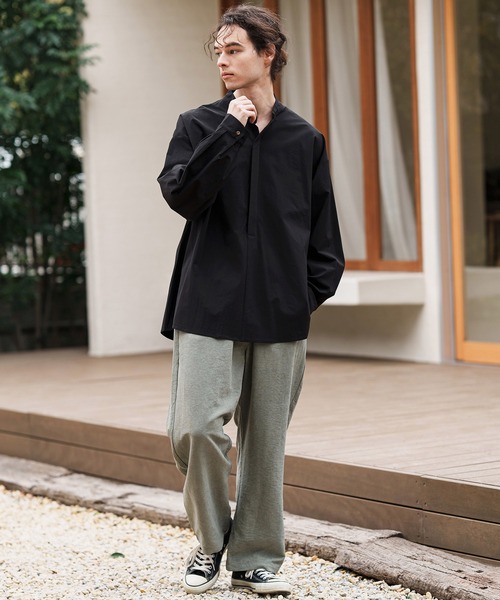 ms5991-バンドカラー比翼プルオーバーシャツ（シャツ/ブラウス