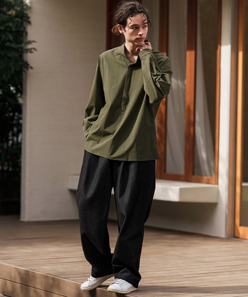 ms5991-バンドカラー比翼プルオーバーシャツ（シャツ/ブラウス