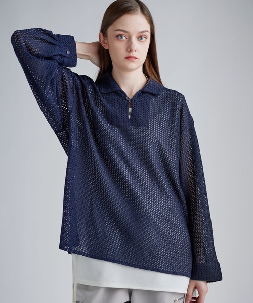 SOCCE(ソーシー)の「シアーレーススキッパーシャツ(シャツ/ブラウス・メンズ・ブラック/ネイビー/ホワイト・S/M/L/XL)」の3枚目の写真