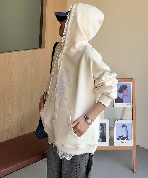 aimoha（アイモハ）の「リボンプリントパーカー（パーカー・レディース・ライトグレー/ピンク/ライトベージュ/ブルー/グレー・FREE）」の3枚目の写真