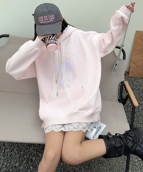 aimoha（アイモハ）の「リボンプリントパーカー（パーカー・レディース・ライトグレー/ピンク/ライトベージュ/ブルー/グレー・FREE）」の21枚目の写真