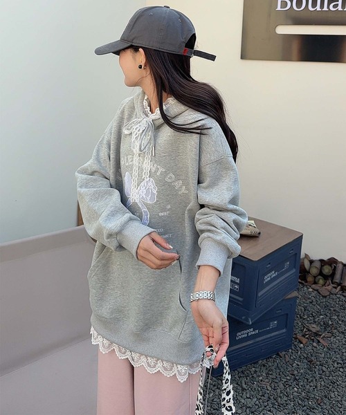 aimoha（アイモハ）の「リボンプリントパーカー（パーカー・レディース・ライトグレー/ピンク/ライトベージュ/ブルー/グレー・FREE）」の8枚目の写真