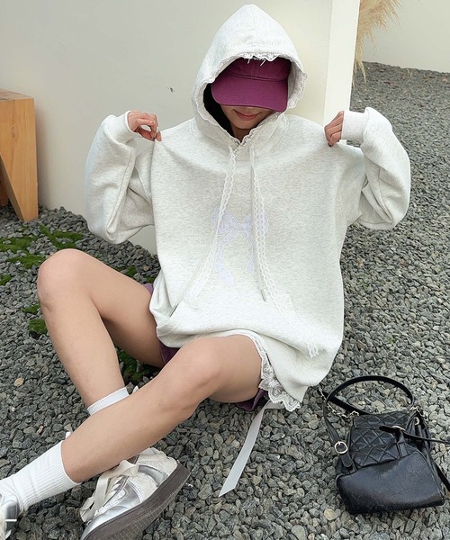 aimoha（アイモハ）の「リボンプリントパーカー（パーカー・レディース・ライトグレー/ピンク/ライトベージュ/ブルー/グレー・FREE）」の18枚目の写真