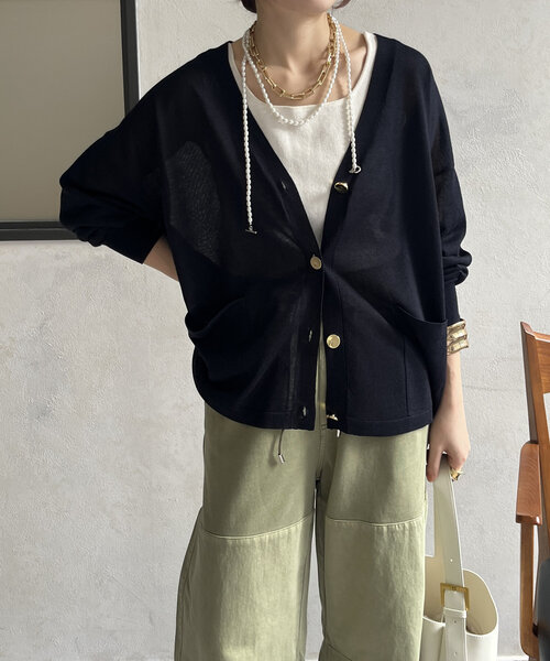 DouDou(ドゥドゥ)の「GOLDボタンシアーVカーディガン(カーディガン/ボレロ・レディース・ネイビー/ピンク/ライトグレー・FREE)」の2枚目の写真