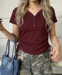 ヘンリーネックレイヤード風サイドドロストショート丈Tシャツ