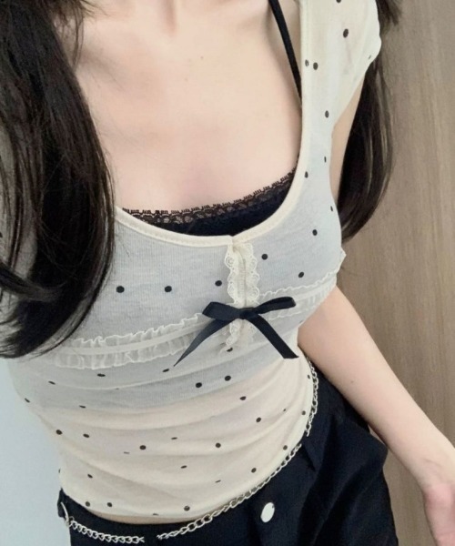 Mejoul(メジュール)の「【インナー付き】ドット柄リボンシアーT(Tシャツ/カットソー・レディース・ホワイト・S/M)」の3枚目の写真