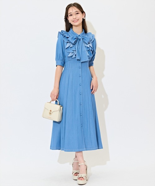 【タグ付き新品】ウィルセレクション＊ラッフルリボンタイシャツワンピース　デニム 美品】ラッフルリボンタイシャツワンピース ウィルセレクション